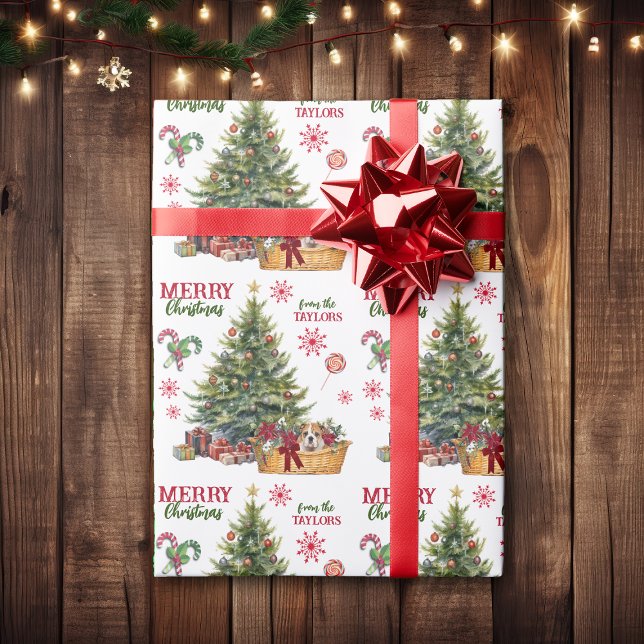 Papier Cadeau Panier de chiot Bulldog sous l'arbre (Créateur téléchargé)
