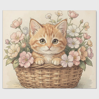 Papier Cadeau Panier de fleurs avec un adorable chaton roux