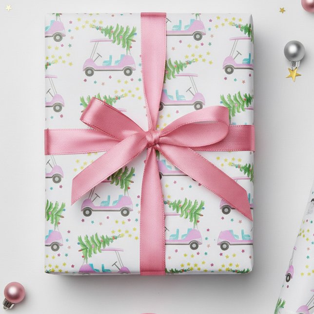 Papier Cadeau Panier de golf rose Arbre de Noël Papier blanc (Fun pink golf cart with a Christmas tree on the roof. )