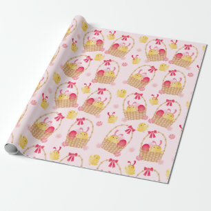 Papier Cadeau Panier de Pâques Fillette Poussin Rose