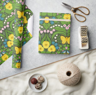Papier Cadeau Pansies jaunes, oiseaux et papillons