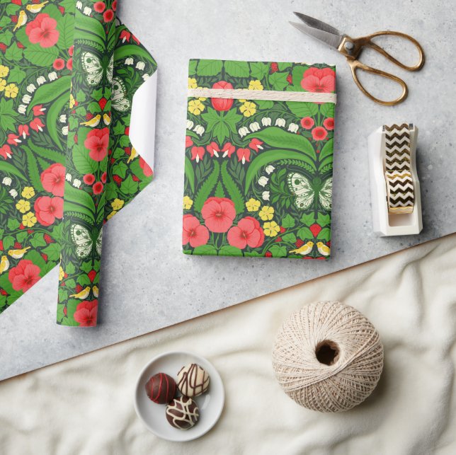 Papier Cadeau Pansies rouges, oiseaux et papillons (Artisanat)