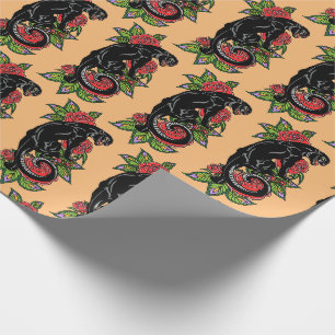 Papier Cadeau Panthère noire grisonnante et roses en fleurs enve