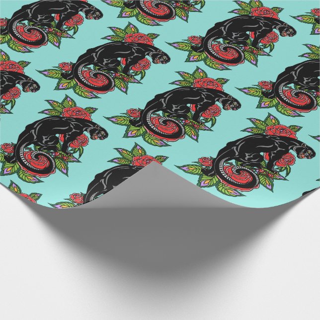 Papier Cadeau Panthère noire grisonnante et roses en fleurs enve (Coin)