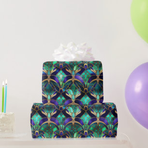 Papier Cadeau Paon en verre teinté sarcelle, violet et or