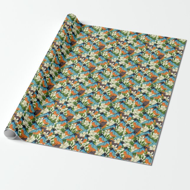 Papier Cadeau papaye tropicale et motif d'oiseaux. (Déroulé)