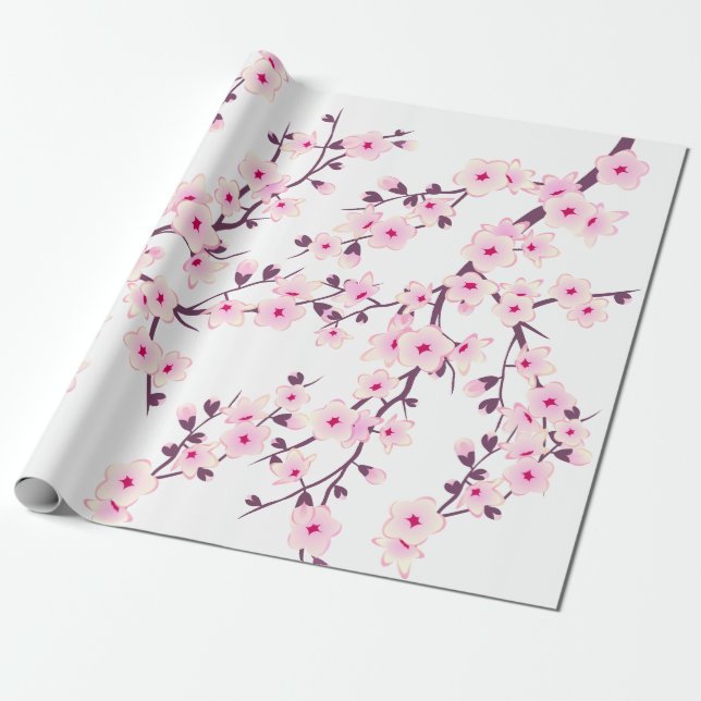 Papier Cadeau Papier à enveloppement blanc rose fleur de cerisie (Déroulé)