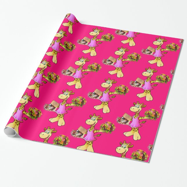 Papier Cadeau Papier à enveloppement brillant, Giraffe Floral ro (Déroulé)
