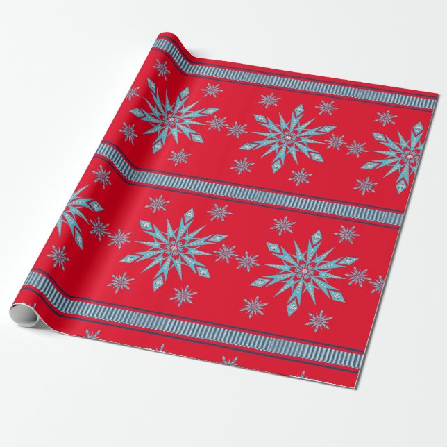 Papier Cadeau Papier à enveloppement de Noël Snowflakes Rouge (Déroulé)