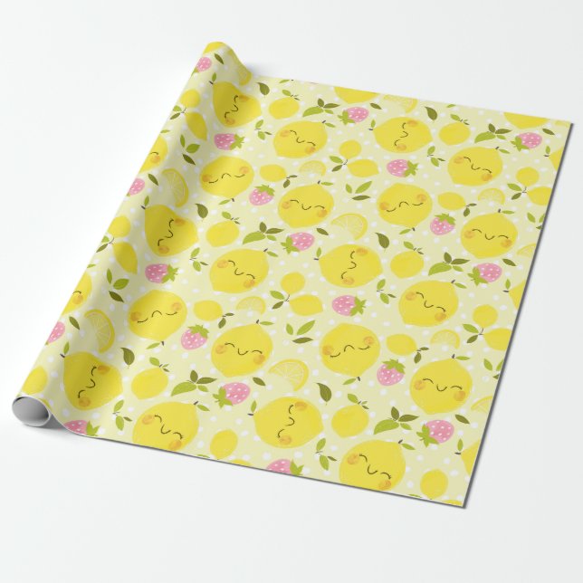 Papier Cadeau Papier à enveloppement jaune citron à la fraise (Déroulé)