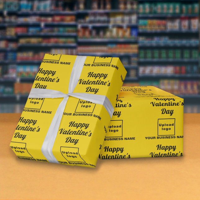 Papier Cadeau Papier à enveloppement jaune Saint-Valentin (Business name and logo with Happy Valentine's Day greeting on yellow wrapping paper in store.)