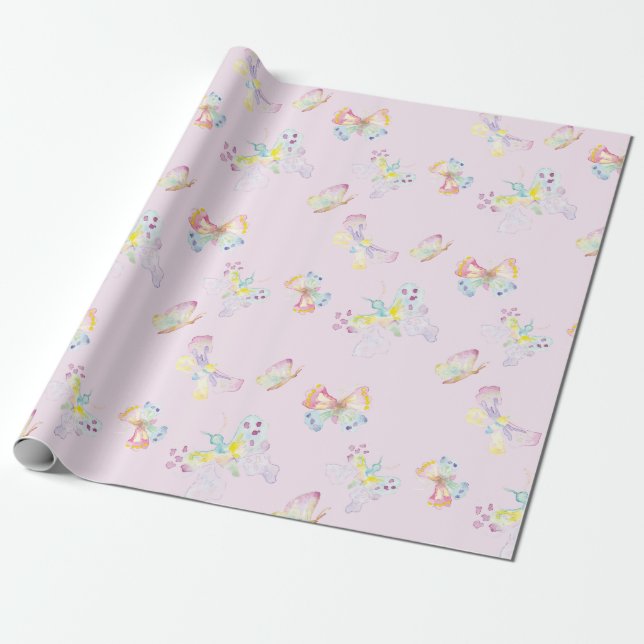 Papier Cadeau Papier à enveloppement papillon rose (Déroulé)