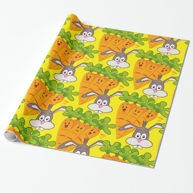 Papier Cadeau Papier à envelopper brillant, Carottes Rabbit Jaun (Déroulé)