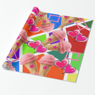 Papier Cadeau Papier à envelopper brillant, crème glacée fraise