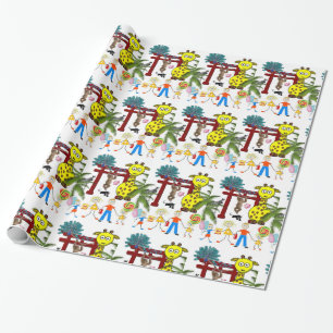 Papier Cadeau Papier à envelopper brillant, Giraffe de singe Zoo