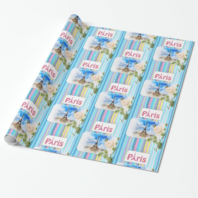 Papier Cadeau Papier à envelopper brillant, Paris France Bleu (Déroulé)