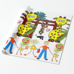 Papier Cadeau Papier à envelopper brillant, Singe à Giraffe Zoo