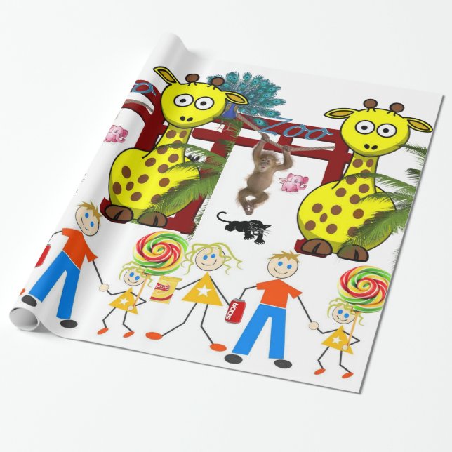Papier Cadeau Papier à envelopper brillant, Singe à Giraffe Zoo (Déroulé)