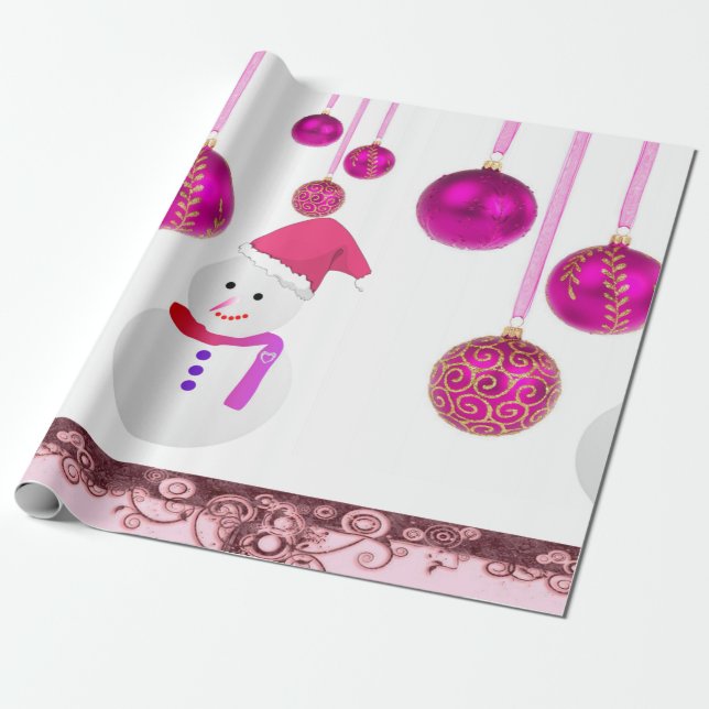 Papier Cadeau Papier à envelopper de Noël Boules roses Snowman (Déroulé)