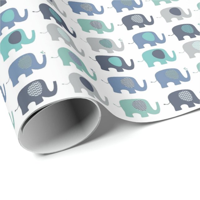 Papier Cadeau Papier à envelopper - Eléphants bleus, verts et gr (Coin rond)