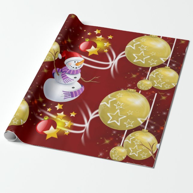 Papier Cadeau Papier à envelopper Noël Boules d'or Snowman (Déroulé)