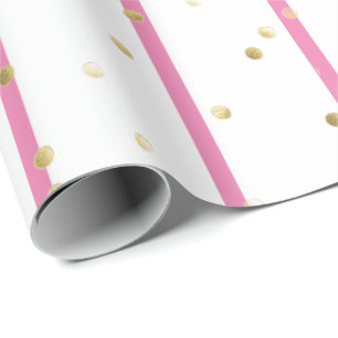 Papier Cadeau Papier à envelopper - Pois d'or à bandes roses