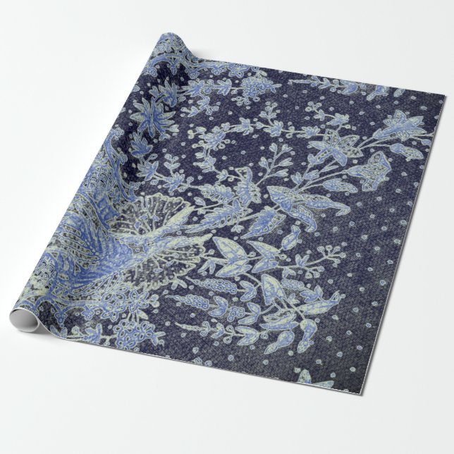 PAPIER CADEAU PAPIER À REPASSER CADEAU MOTIF ANTIQUE EN BLEU (Déroulé)