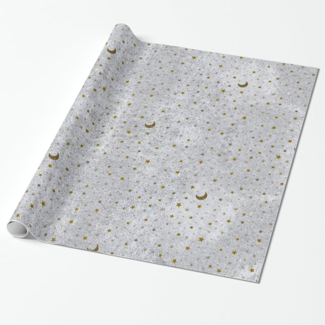 Papier Cadeau Papier argenté Abstrait avec étoiles d'or, lune (Déroulé)