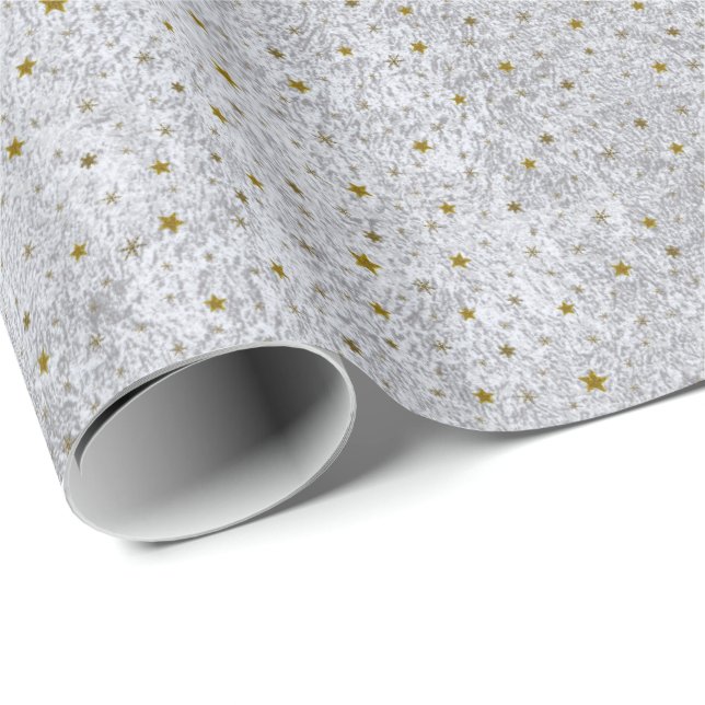 Papier Cadeau Papier argenté Abstrait avec étoiles or (Coin rond)