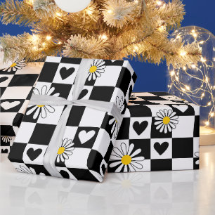 Papier Cadeau Papier blanc noir À damiers enveloppement