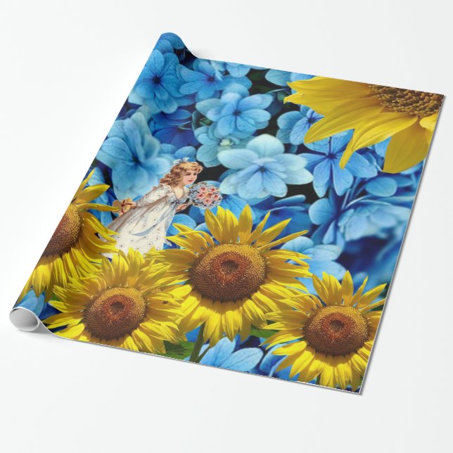Papier Cadeau Papier brillant à envelopper, Fleur de tournesol b (Déroulé)