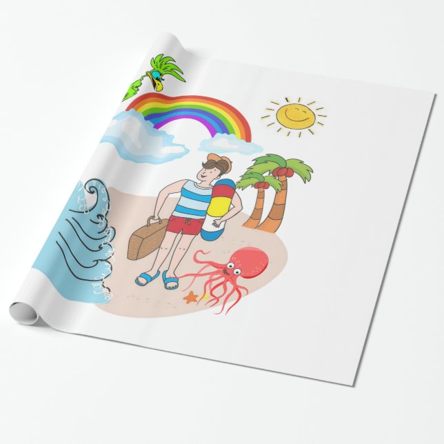 Papier Cadeau Papier brillant à envelopper, Octopus Plage amusan (Déroulé)