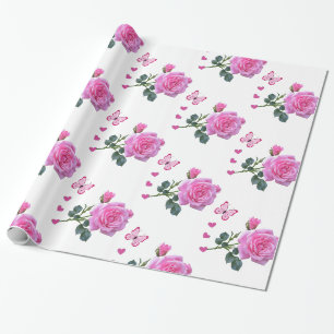 Papier Cadeau Papier brillant à envelopper, Papillon floral rose