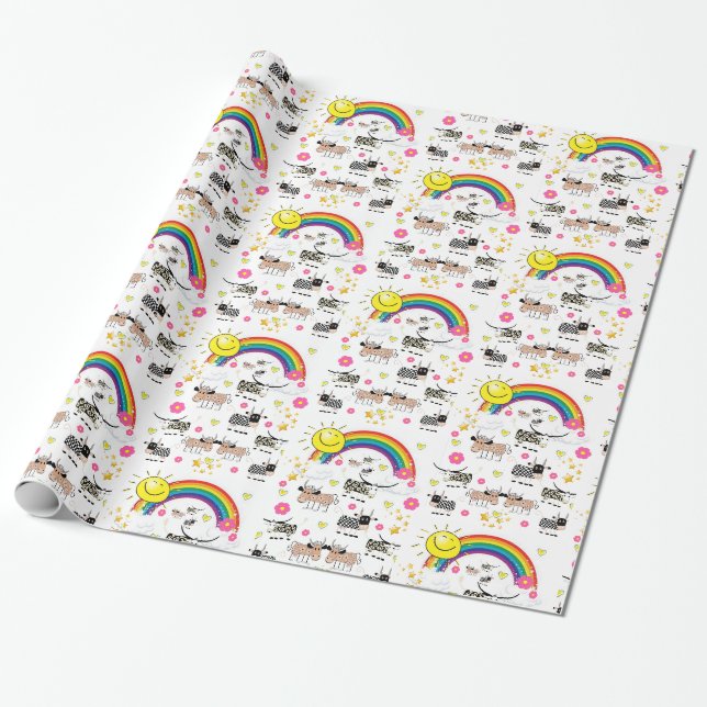 Papier Cadeau Papier brillant, Arc-en-ciel nuages soleil vaches (Déroulé)