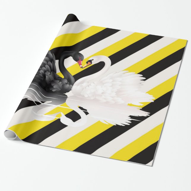 Papier Cadeau Papier brillant, cygnes à rayures blanches noires (Déroulé)
