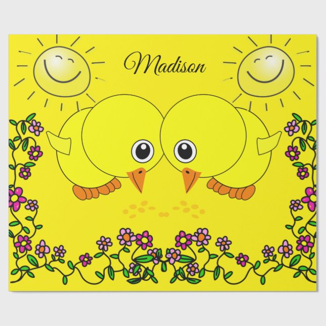 Papier Cadeau Papier brillant, Jaune Chicks Soleil Floral (Plat)