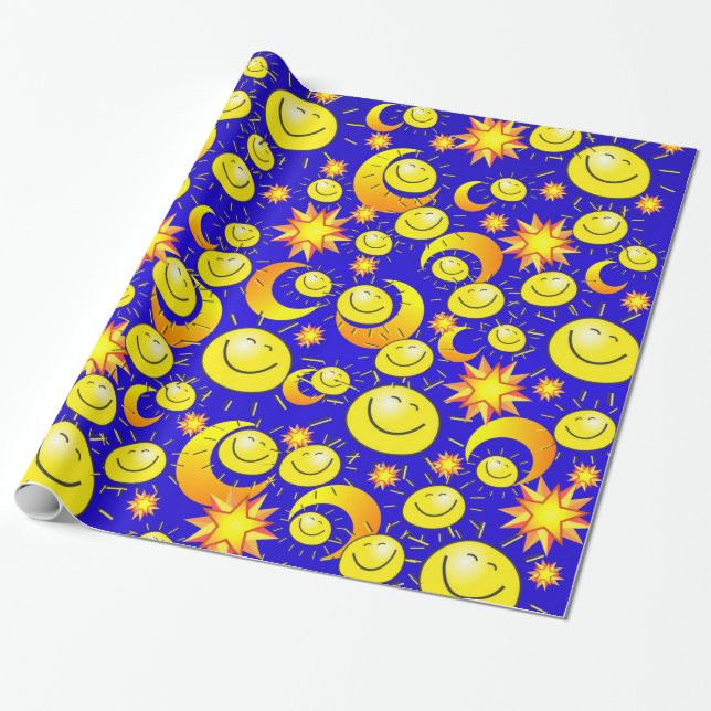 Papier Cadeau Papier brillant, Lune Soleil Étoiles Jaunes (Déroulé)
