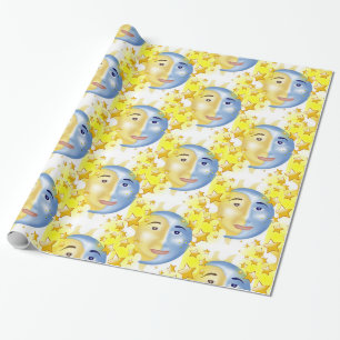 Papier Cadeau Papier brillant, Lune Soleil Étoiles Jaunes