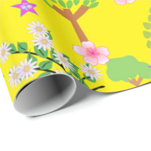 Papier Cadeau Papier brillant, Moutons Floral Jaune