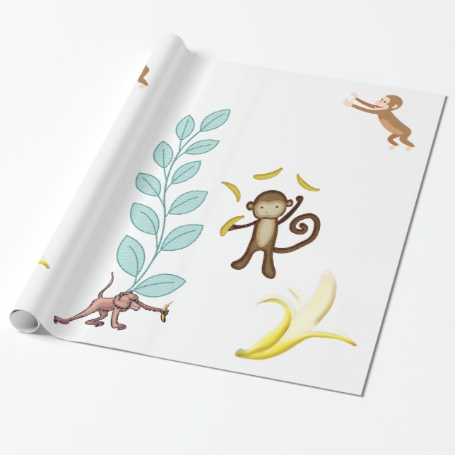 Papier Cadeau Papier brillant Papier Singes Bananes Feuilles (Déroulé)
