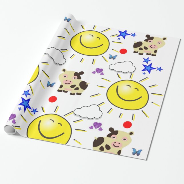 Papier Cadeau Papier brillant, Papillon Coeur Soleil Vache (Déroulé)