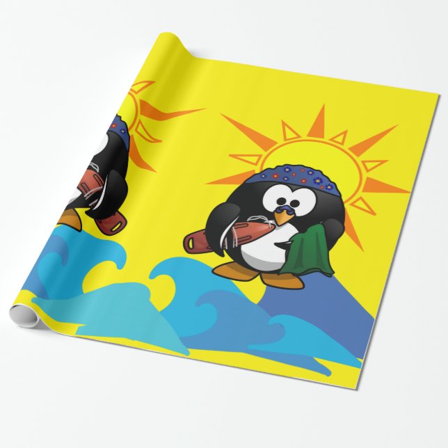 Papier Cadeau Papier brillant, Plage Surfer Penguin (Déroulé)