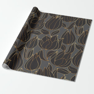 Papier Cadeau Papier de luxe noir et or tulipe floral sans soudu