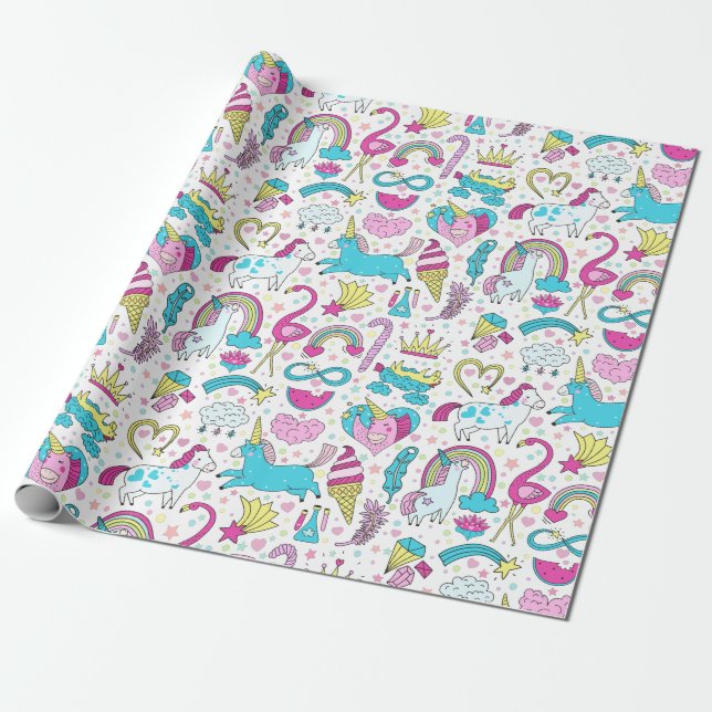 Papier Cadeau Papier de Motif de gribouillage Unicorne (Déroulé)