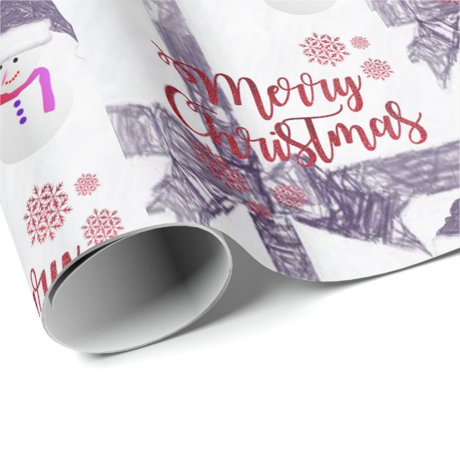 Papier Cadeau Papier de Noël Joyeux bonhomme de neige de Noël (Coin rond)
