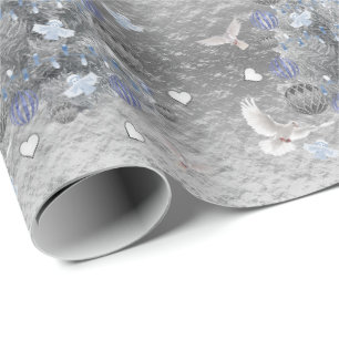 Papier Cadeau Papier de Noël Papier bleu Arbre Argent Coeurs