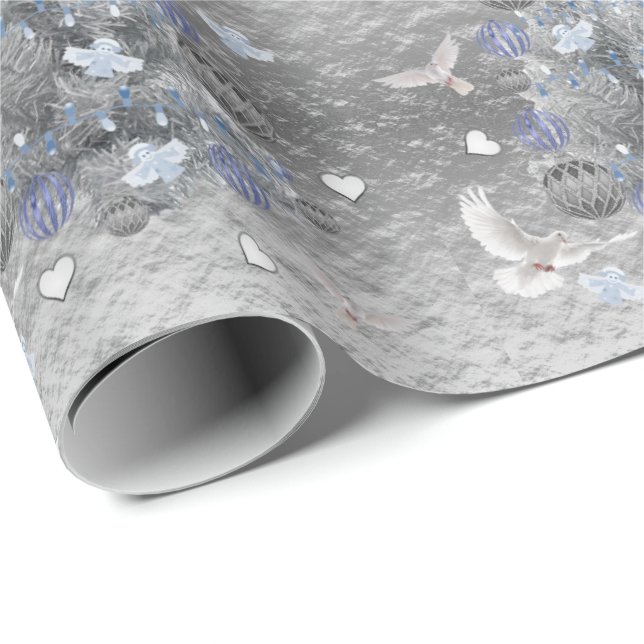 Papier Cadeau Papier de Noël Papier bleu Arbre Argent Coeurs (Coin rond)