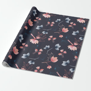 Papier Cadeau Papier d'emballage à feuilles florales bleu foncé 