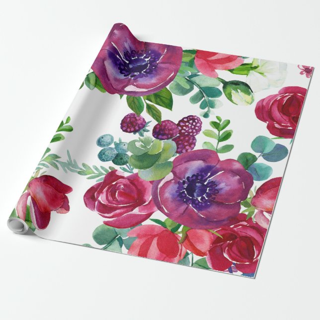 Papier Cadeau Papier d'emballage - Aquarelle Motif Floral (Déroulé)