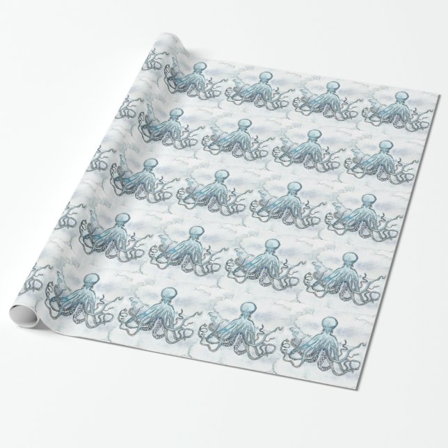 Papier Cadeau Papier d'emballage brillant de poulpe bleu, 30" x (Déroulé)